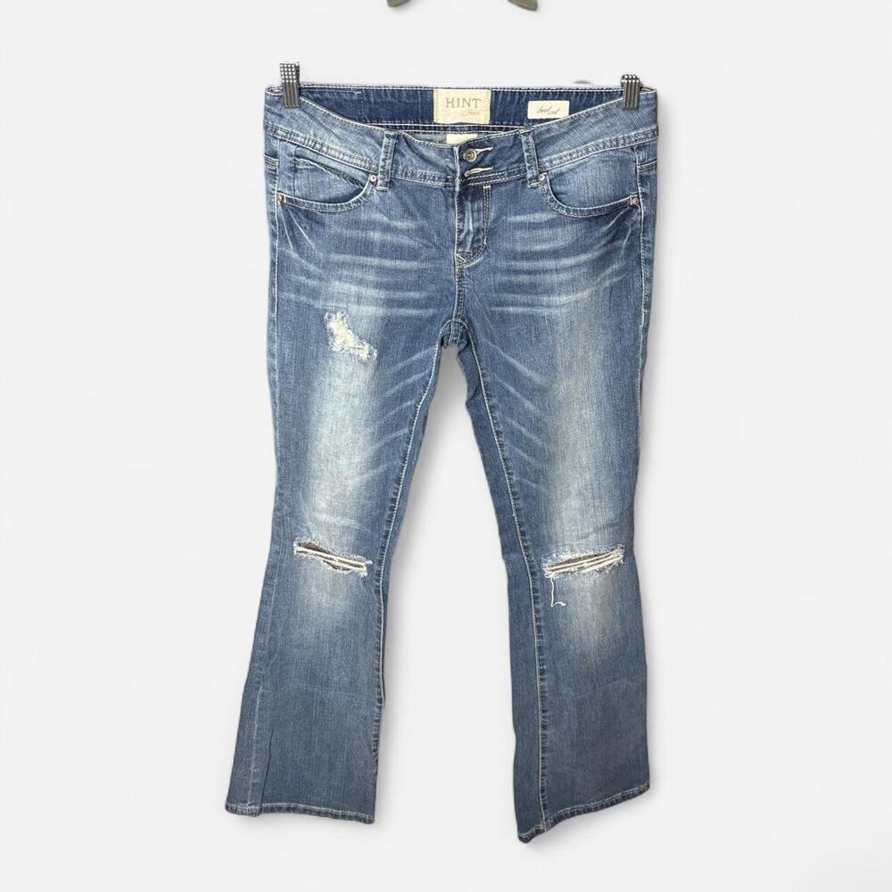 HINT Jeans Distressed Bootcut Mid Rise Stretch Denim 29 Sequined Cutout Knee